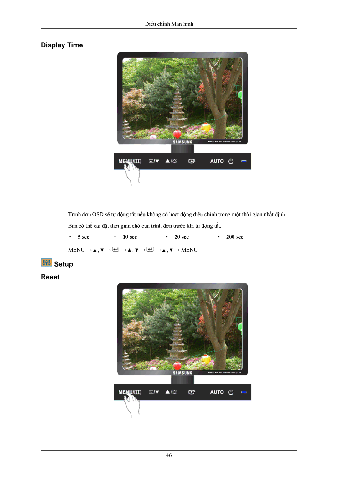 Samsung LS17MYAKB/XSV, LS17MYAKF/XSV, LS19MYAKF/XSV manual Display Time, Setup Reset, Sec 10 sec 20 sec 200 sec 