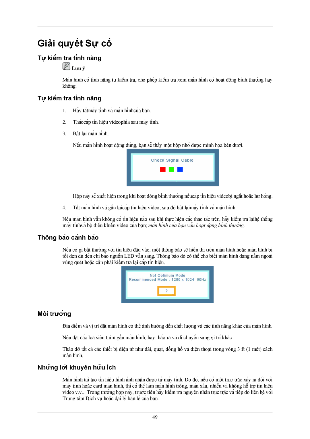 Samsung LS17MYAKB/XSV, LS17MYAKF/XSV manual Giải quyết Sự cố, Tự kiểm tra tính năng, Thông báo cảnh báo, Môi trường 