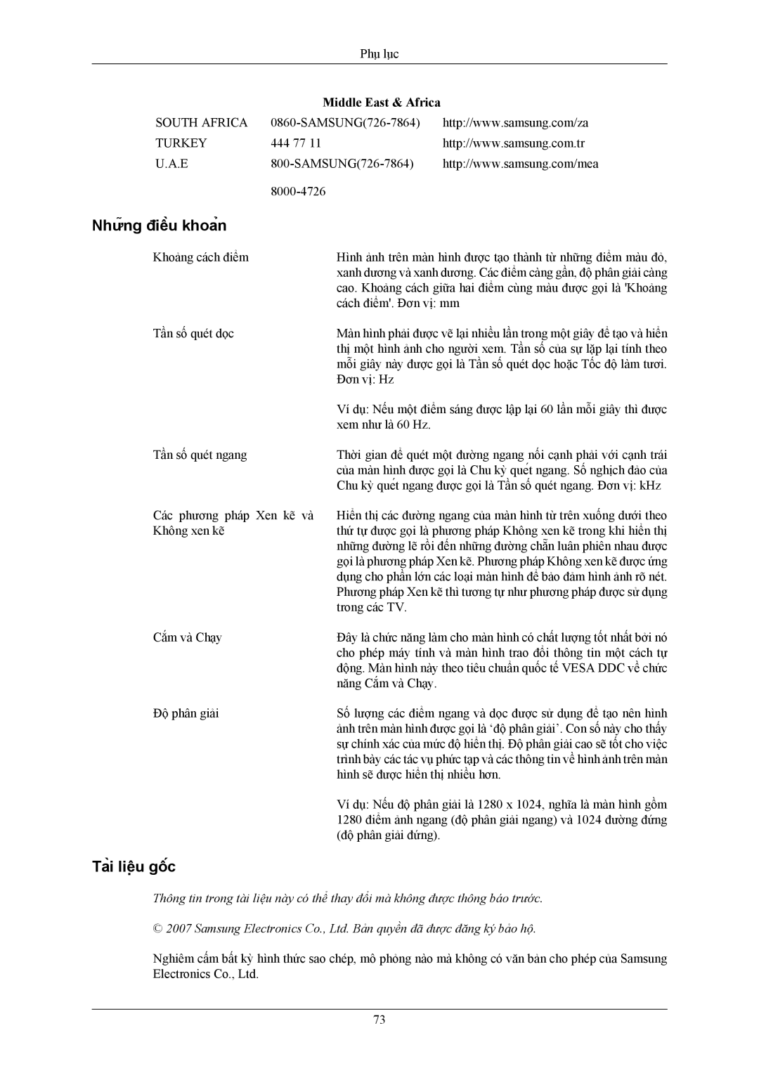 Samsung LS17MYAKB/XSV, LS17MYAKF/XSV, LS19MYAKF/XSV manual Những điều khoản, Tài liệu gốc, Middle East & Africa 