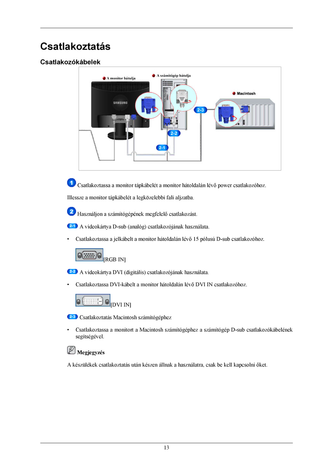 Samsung LS17MYBEBCA/EN, LS17MYBESCA/EN, LS19MYBESCA/EN, LS19MYBESQ/EDC, LS19MYBEBQ/EDC manual Csatlakoztatás, Csatlakozókábelek 