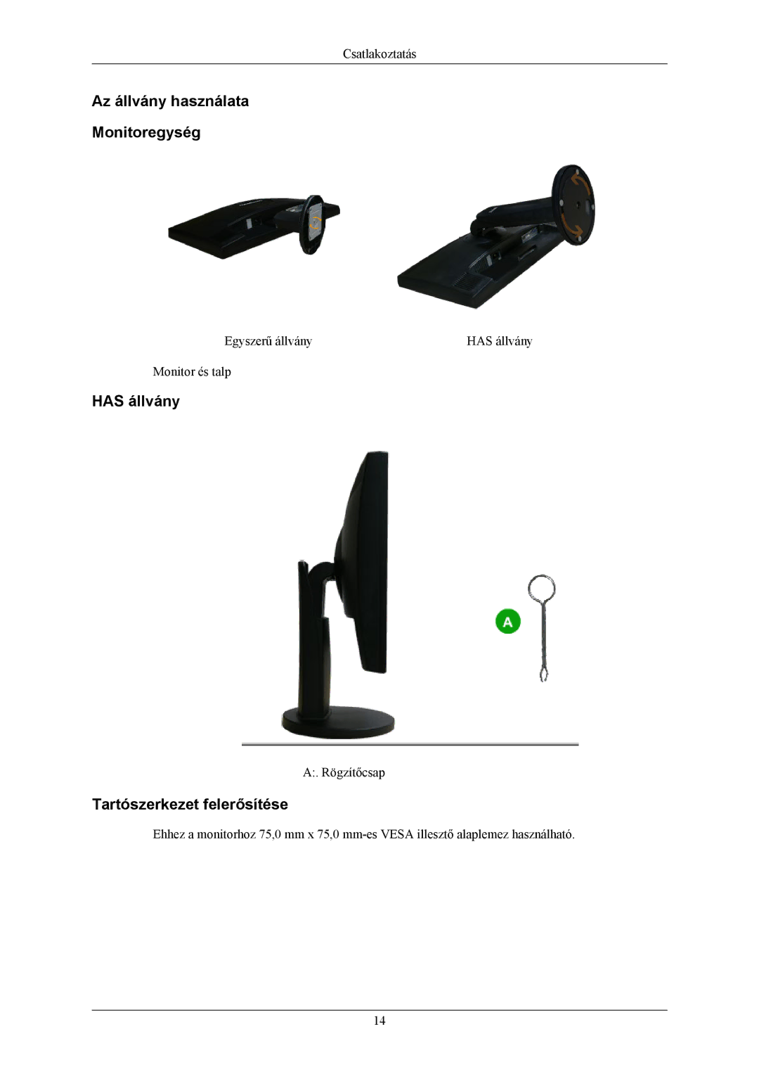 Samsung LS17MYBEBQ/XSA, LS17MYBESCA/EN manual Az állvány használata Monitoregység, Has állvány, Tartószerkezet felerősítése 