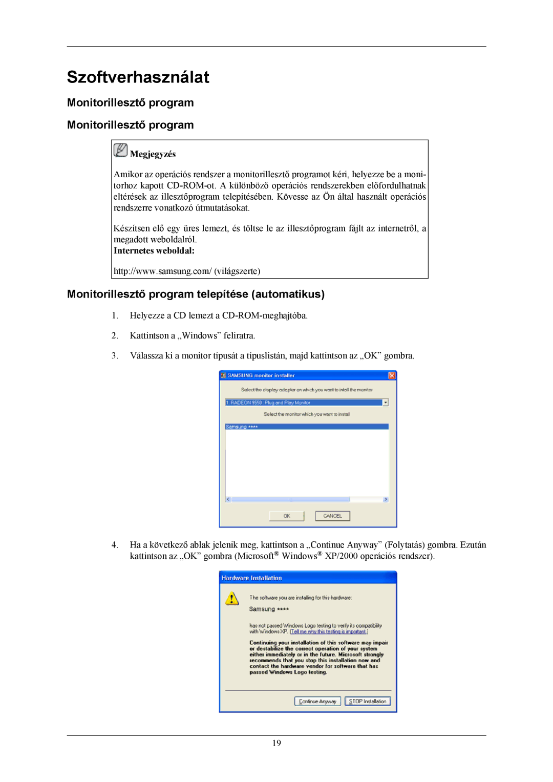 Samsung LS19MYBESCA/EN manual Szoftverhasználat, Monitorillesztő program telepítése automatikus, Internetes weboldal 