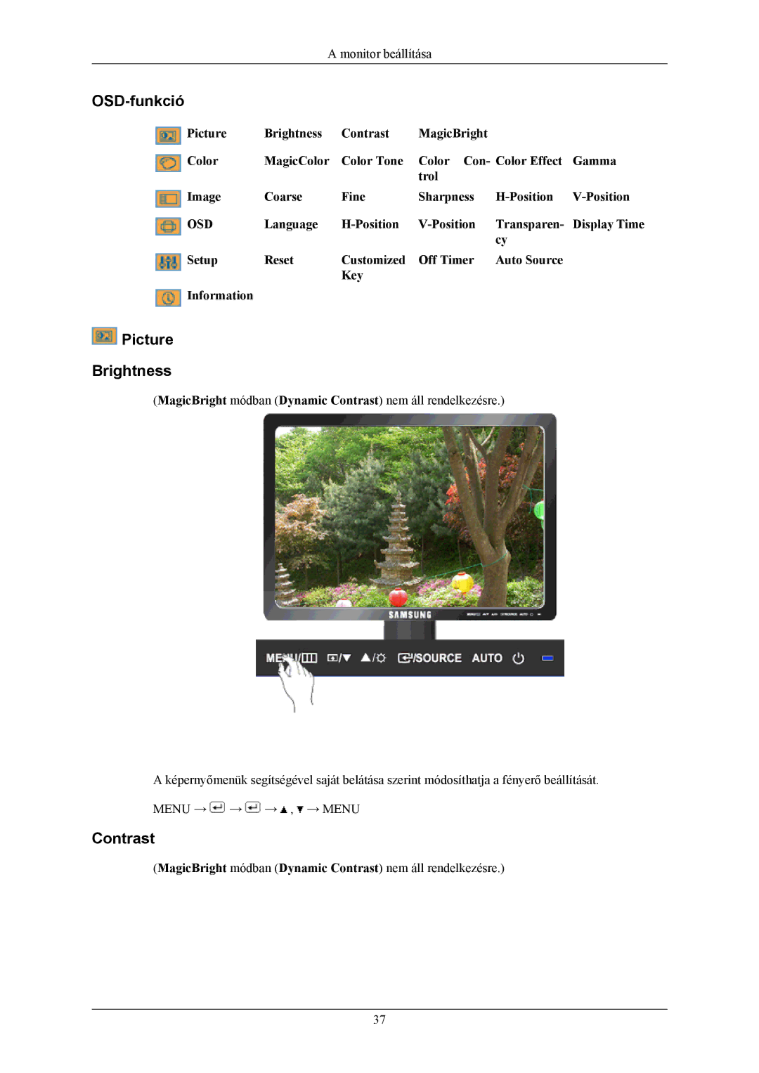 Samsung LS19MYBEBQ/EDC, LS17MYBESCA/EN, LS19MYBESCA/EN, LS19MYBESQ/EDC manual OSD-funkció, Picture Brightness, Contrast 