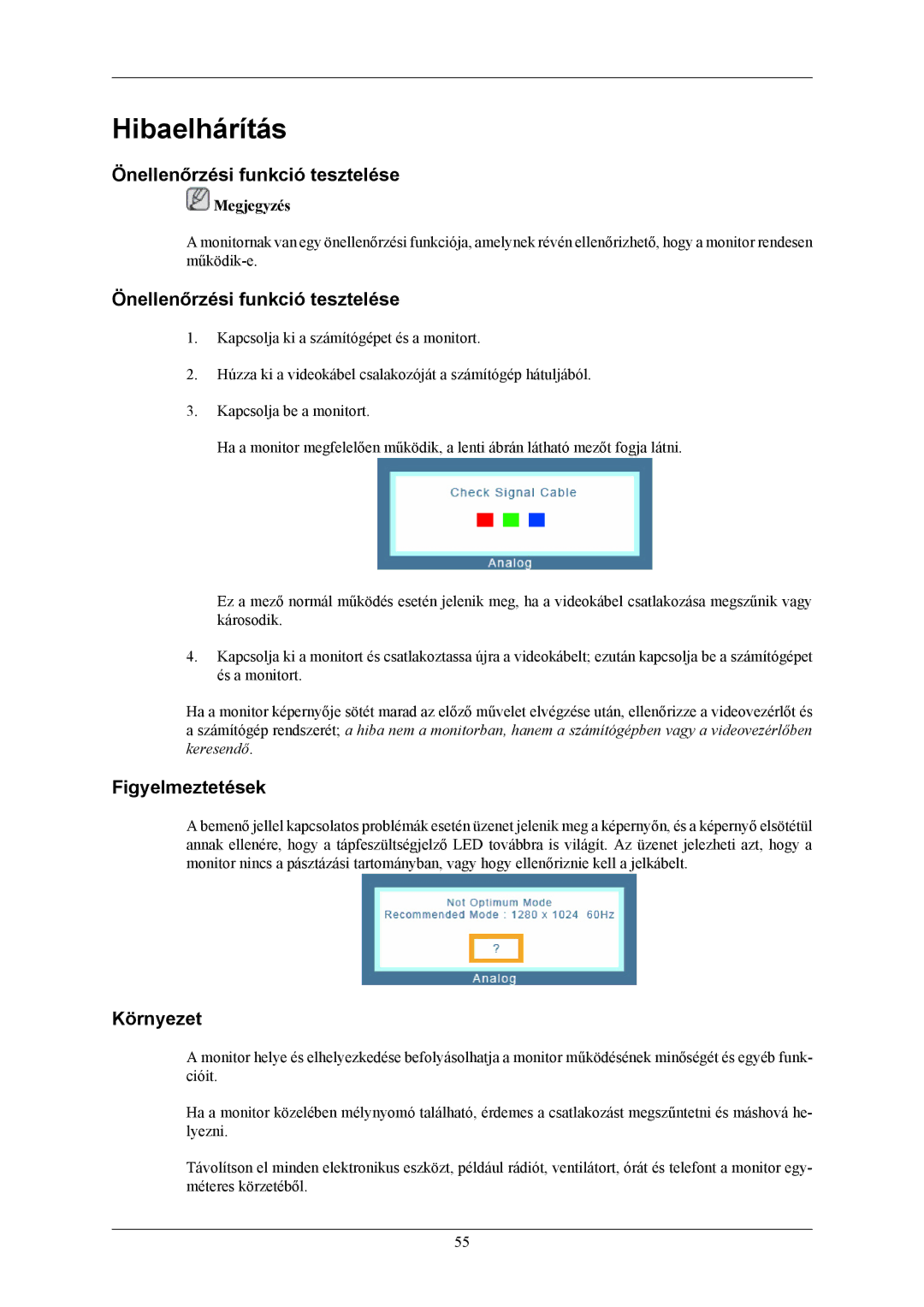 Samsung LS19MYBEBCA/EN, LS17MYBESCA/EN manual Hibaelhárítás, Önellenőrzési funkció tesztelése, Figyelmeztetések, Környezet 