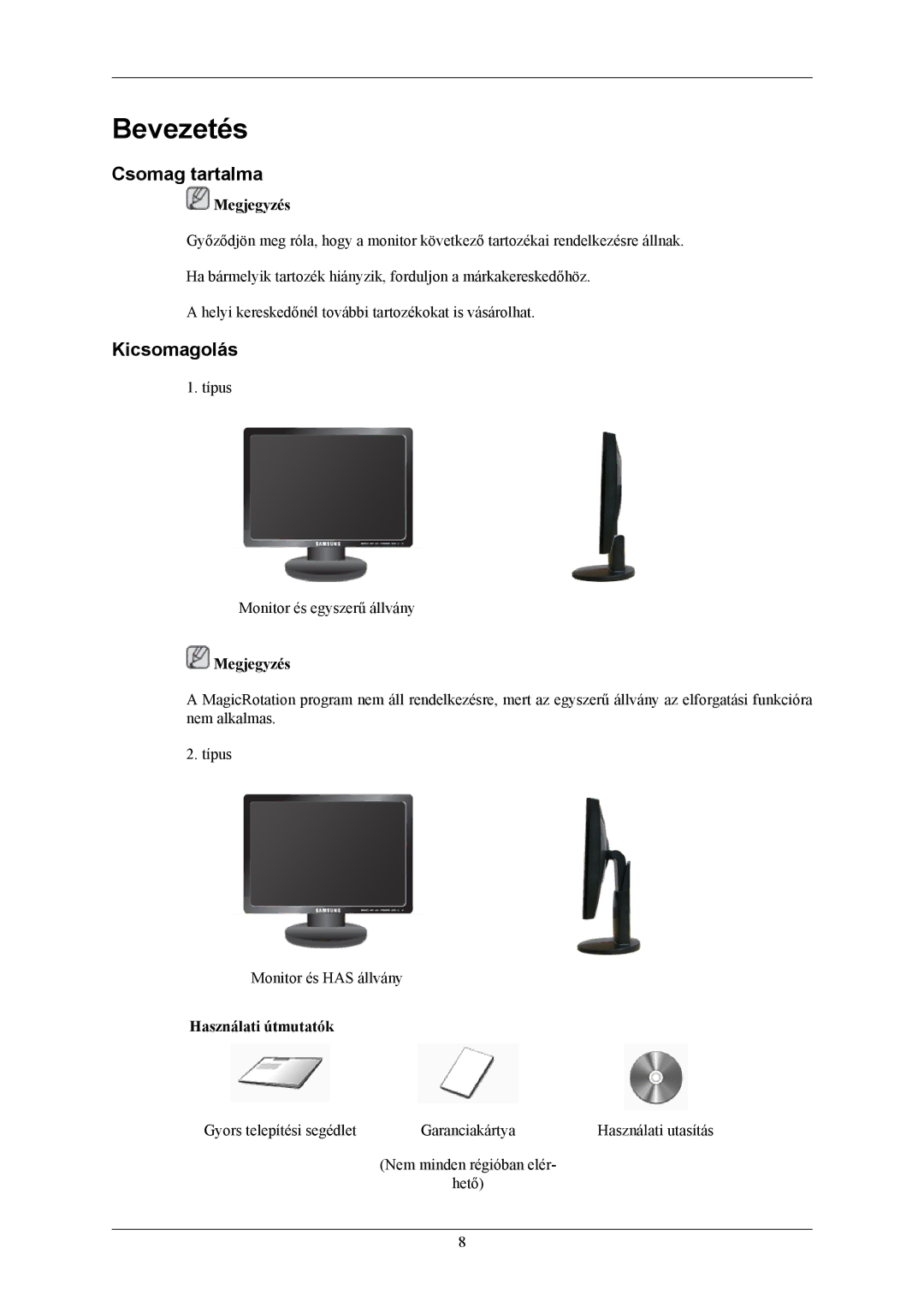 Samsung LS19MYBESCA/EN, LS17MYBESCA/EN, LS19MYBESQ/EDC manual Bevezetés, Csomag tartalma, Kicsomagolás, Használati útmutatók 