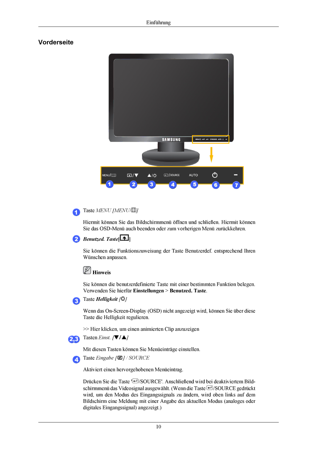 Samsung LS19MYBEBQ/EDC, LS17MYBESQ/EDC, LS17MYBESCA/EN, LS19MYBESCA/EN, LS19MYBESQ/EDC manual Vorderseite, Taste Menu Menu 