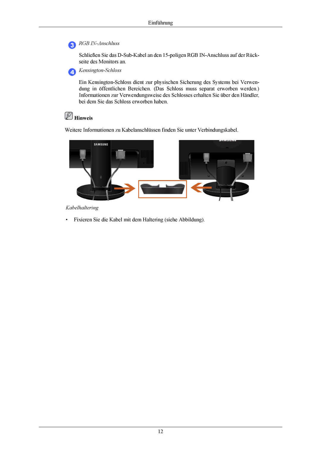 Samsung LS17MYBEBQ/EDC, LS17MYBESQ/EDC, LS17MYBESCA/EN, LS19MYBESCA/EN, LS19MYBESQ/EDC, LS19MYBEBQ/EDC manual Kabelhaltering 