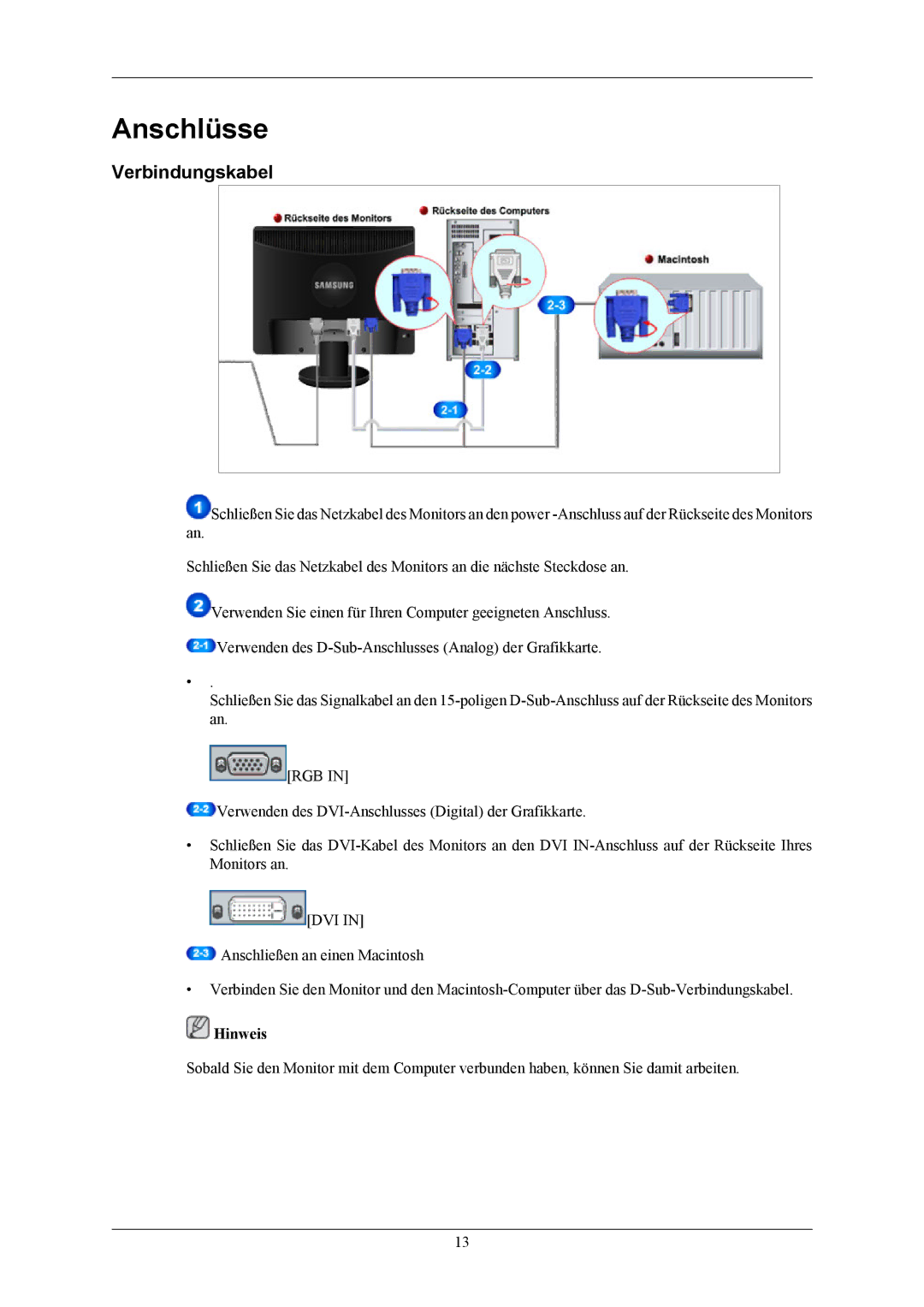 Samsung LS17MYBESQ/EDC, LS17MYBESCA/EN, LS19MYBESCA/EN, LS19MYBESQ/EDC, LS19MYBEBQ/EDC manual Anschlüsse, Verbindungskabel 