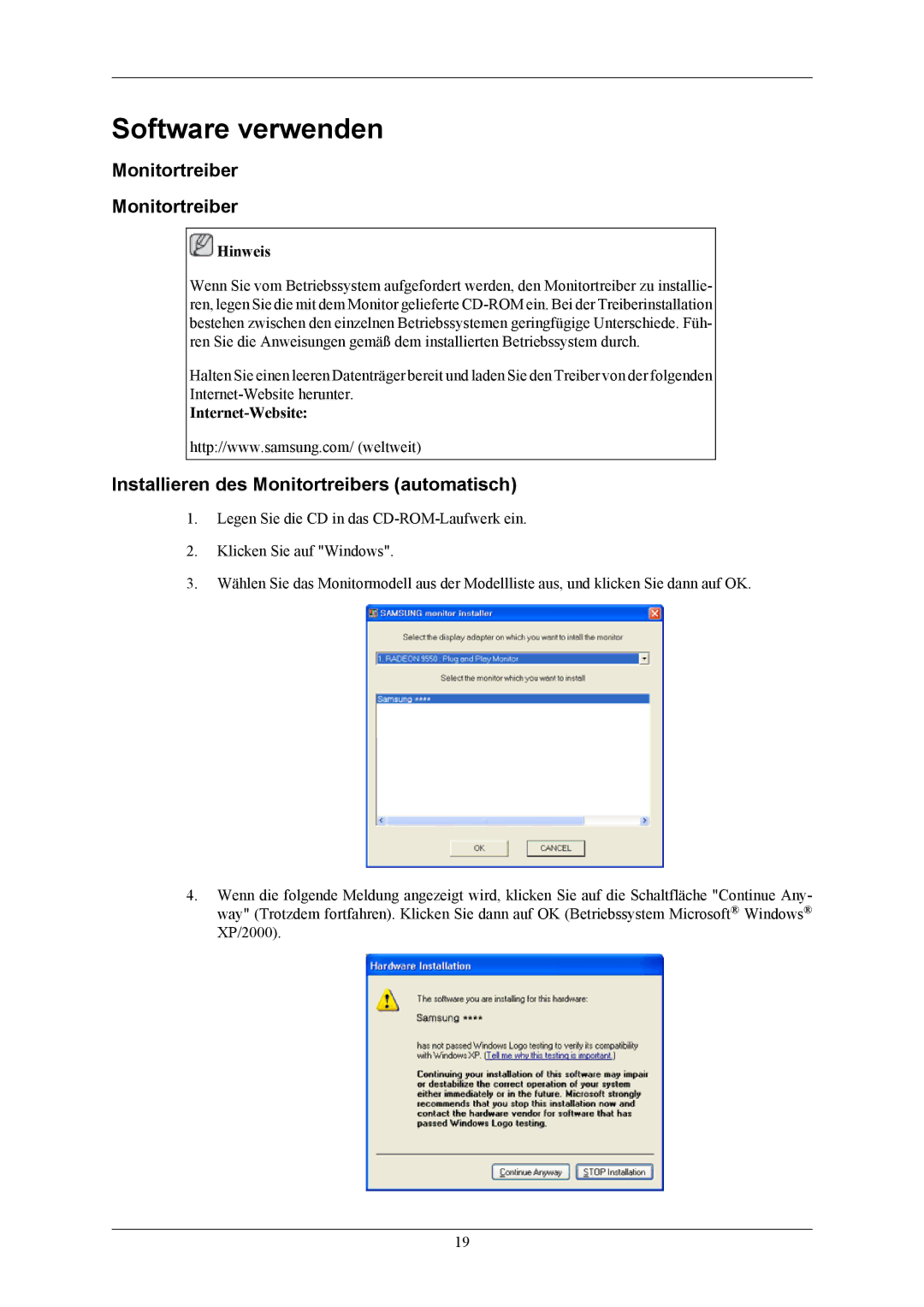 Samsung LS19MYBESQ/EDC manual Software verwenden, Installieren des Monitortreibers automatisch, Internet-Website 