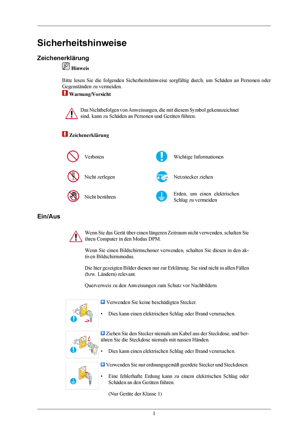 Samsung LS19MYBESCA/EN, LS17MYBESQ/EDC, LS17MYBESCA/EN, LS19MYBESQ/EDC manual Sicherheitshinweise, Zeichenerklärung, Ein/Aus 