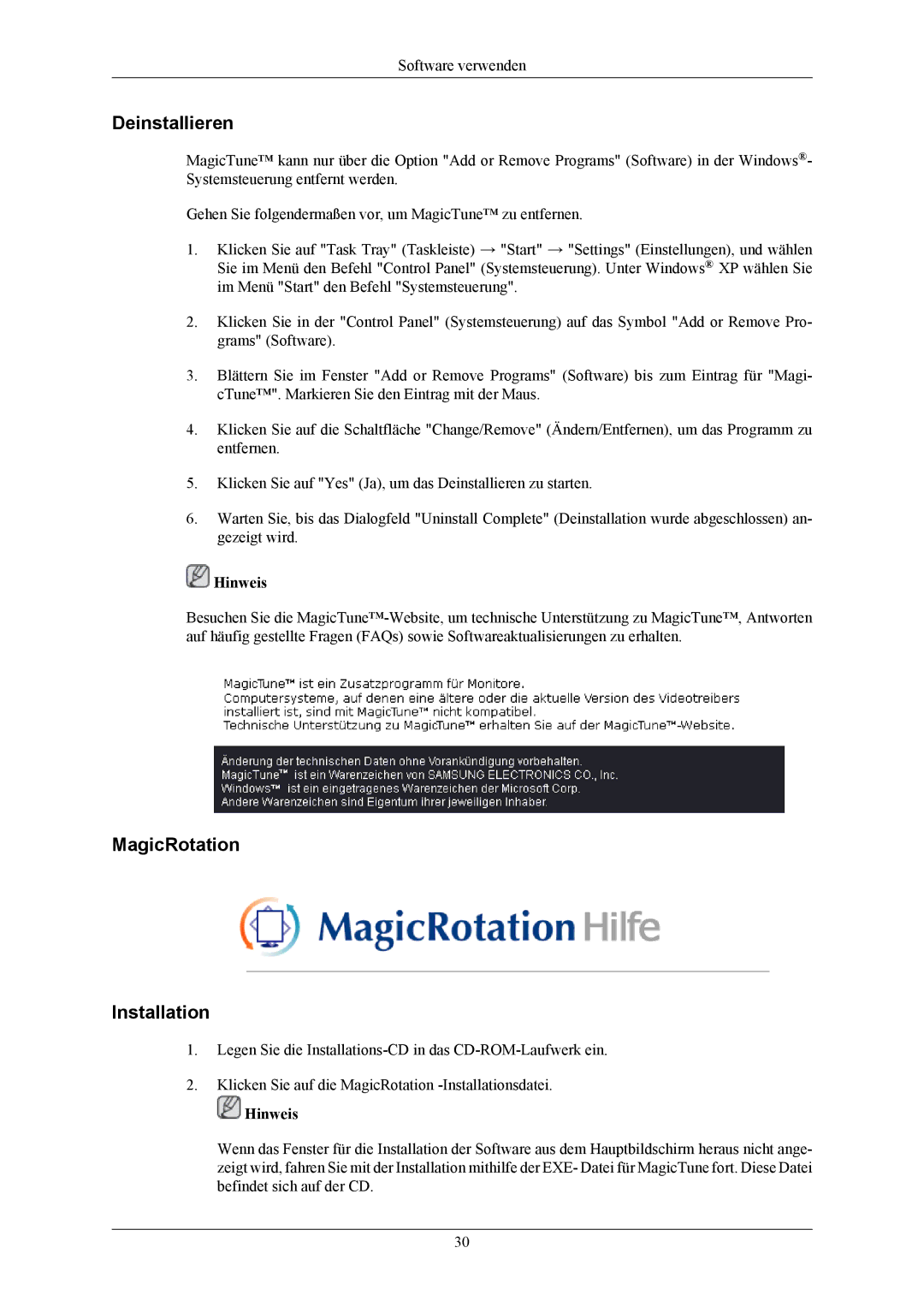 Samsung LS17MYBESQ/EDC, LS17MYBESCA/EN, LS19MYBESCA/EN, LS19MYBESQ/EDC manual Deinstallieren, MagicRotation Installation 