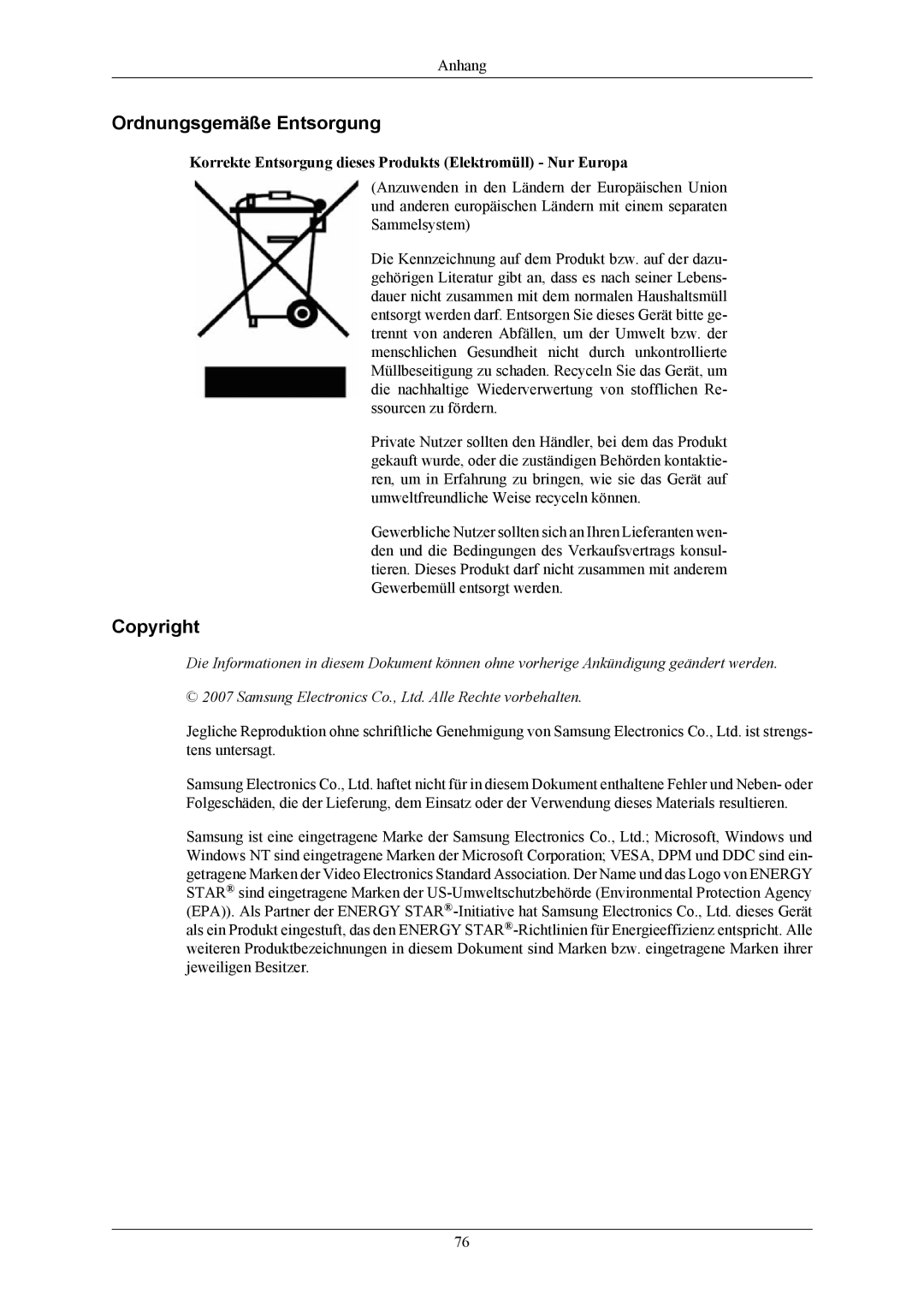 Samsung LS19MYBESQ/EDC Ordnungsgemäße Entsorgung, Copyright, Korrekte Entsorgung dieses Produkts Elektromüll Nur Europa 