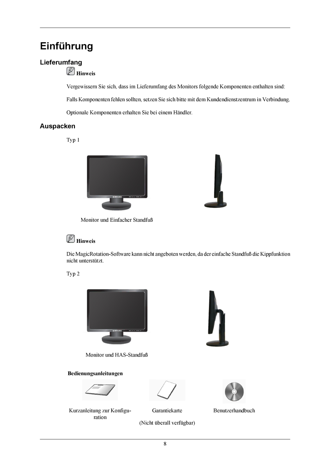 Samsung LS19MYBESCA/EN, LS17MYBESQ/EDC, LS17MYBESCA/EN manual Einführung, Lieferumfang, Auspacken, Bedienungsanleitungen 