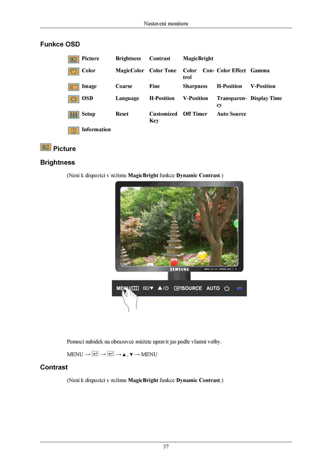 Samsung LS19MYBEBCA/EN, LS17MYBESQ/EDC, LS17MYBESCA/EN, LS19MYBESCA/EN manual Funkce OSD, Picture Brightness, Contrast 