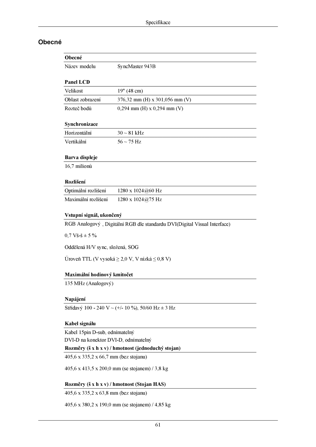 Samsung LS19MYBEBQ/EDC, LS17MYBESQ/EDC, LS17MYBESCA/EN, LS19MYBESCA/EN, LS19MYBESQ/EDC manual Název modelu SyncMaster 943B 