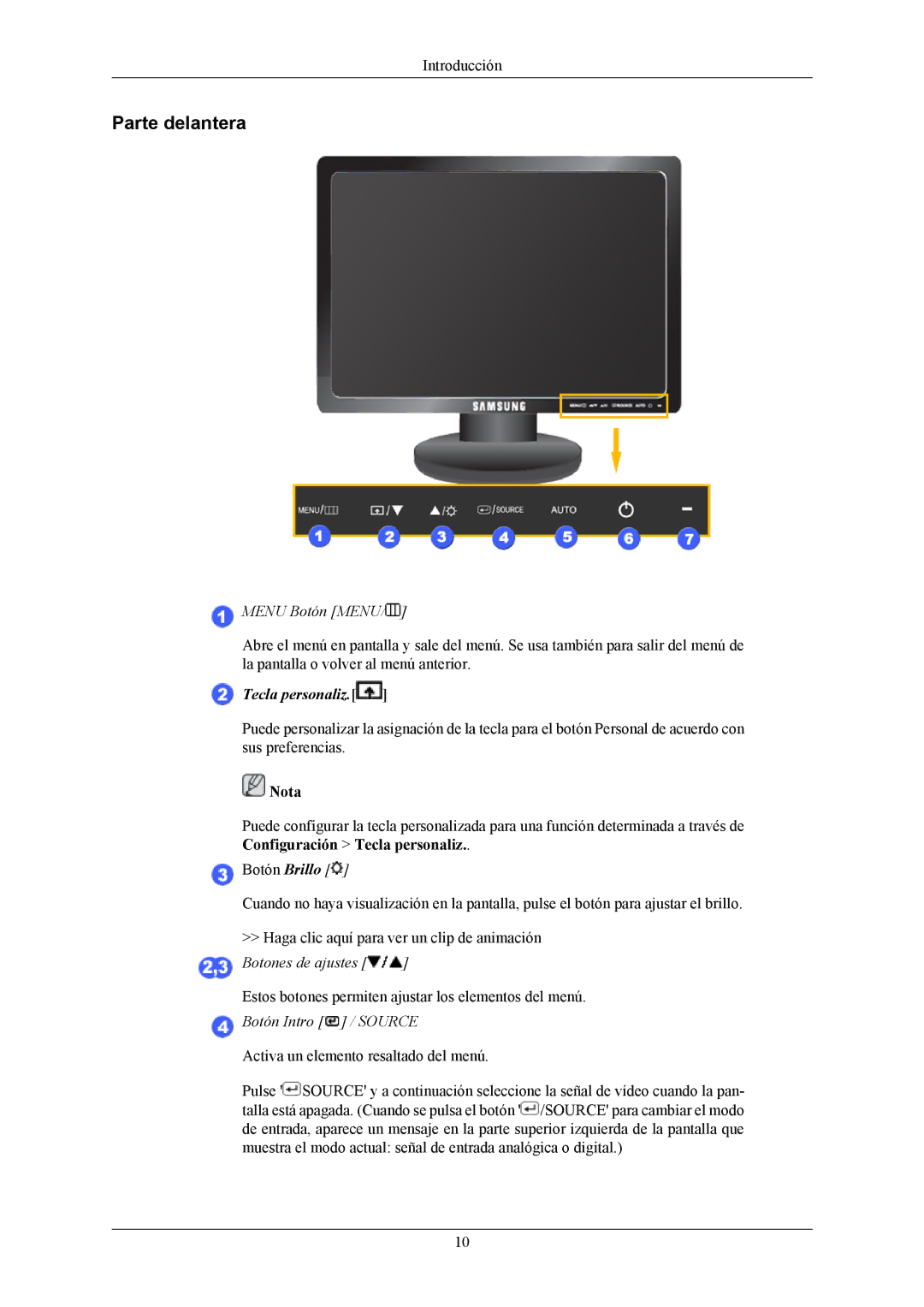 Samsung LS17MYBESCA/EN, LS17MYBESQ/EDC, LS19MYBESCA/EN, LS19MYBESQ/EDC, LS19MYBEBQ/EDC manual Parte delantera, Menu Botón Menu 