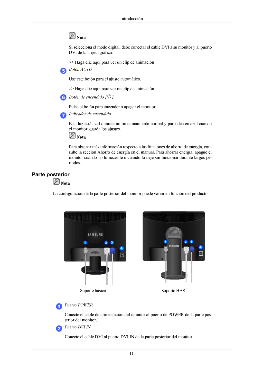 Samsung LS19MYBESCA/EN, LS17MYBESQ/EDC, LS17MYBESCA/EN, LS19MYBESQ/EDC manual Parte posterior, Indicador de encendido 