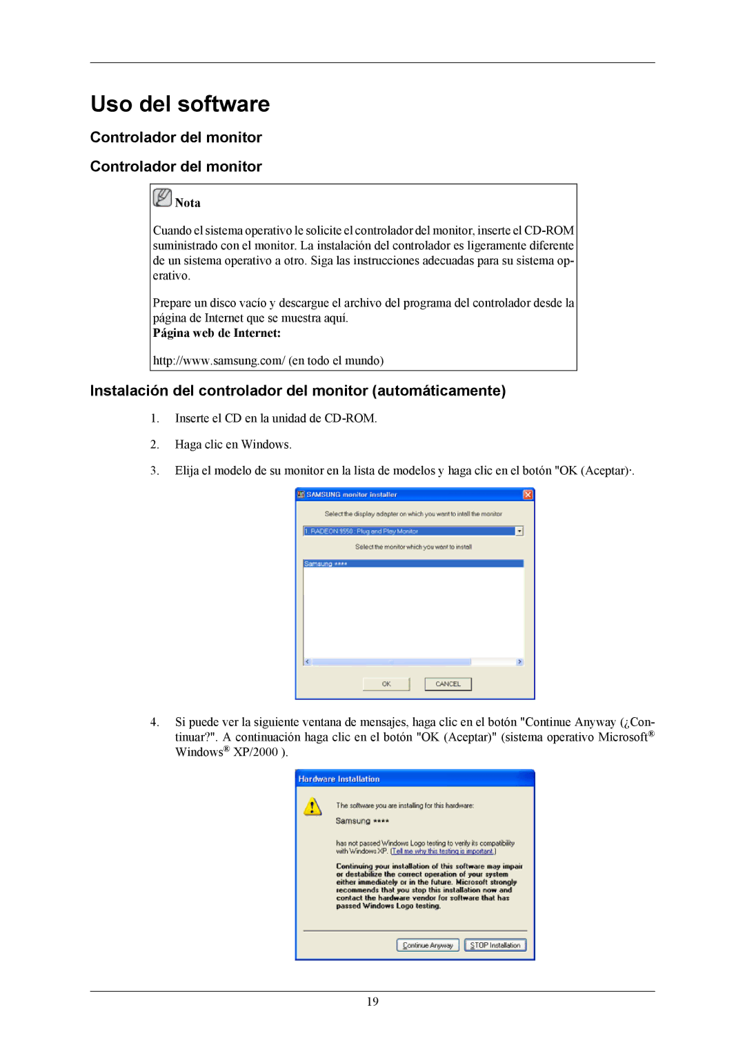 Samsung LS19MYBESCA/EN Uso del software, Controlador del monitor, Instalación del controlador del monitor automáticamente 