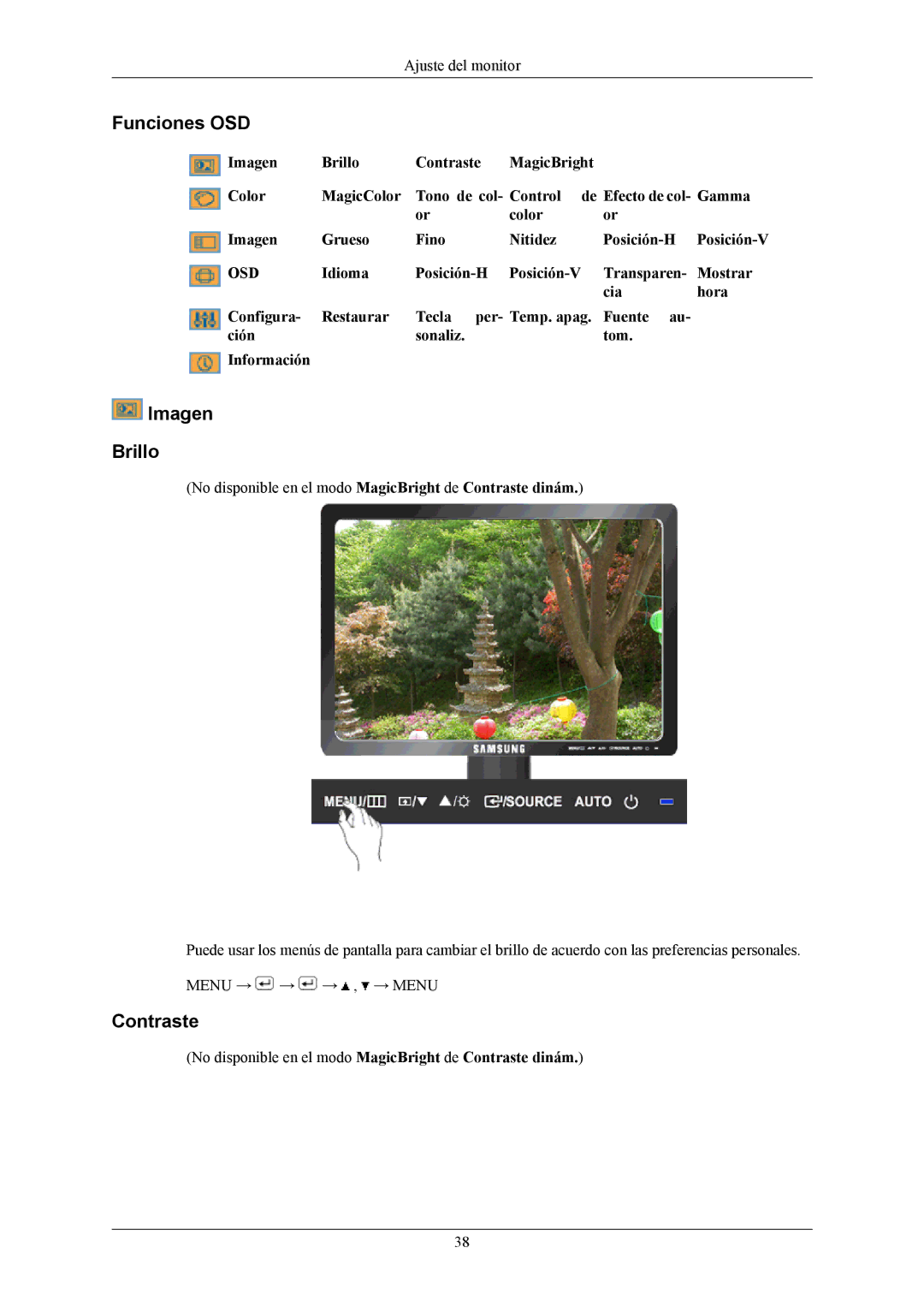 Samsung LS17MYBESCA/EN, LS17MYBESQ/EDC, LS19MYBESCA/EN, LS19MYBESQ/EDC manual Funciones OSD, Imagen Brillo, Contraste 