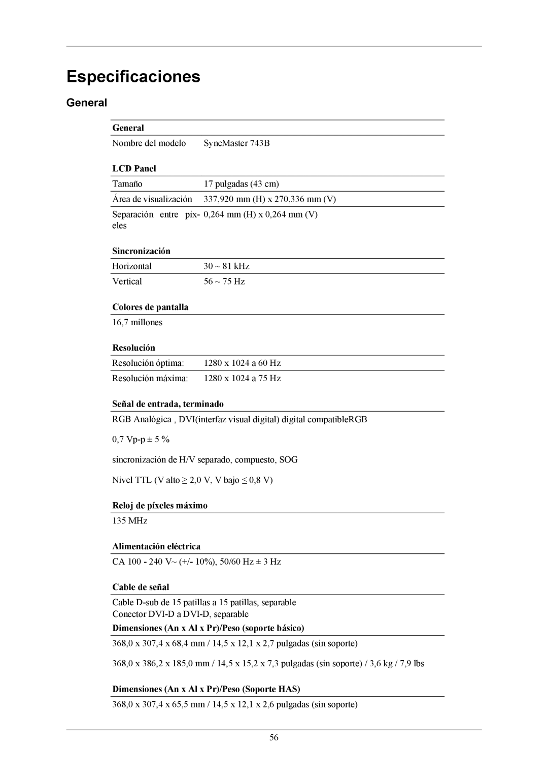 Samsung LS19MYBEBQ/EDC, LS17MYBESQ/EDC, LS17MYBESCA/EN, LS19MYBESCA/EN, LS19MYBESQ/EDC manual Especificaciones, General 