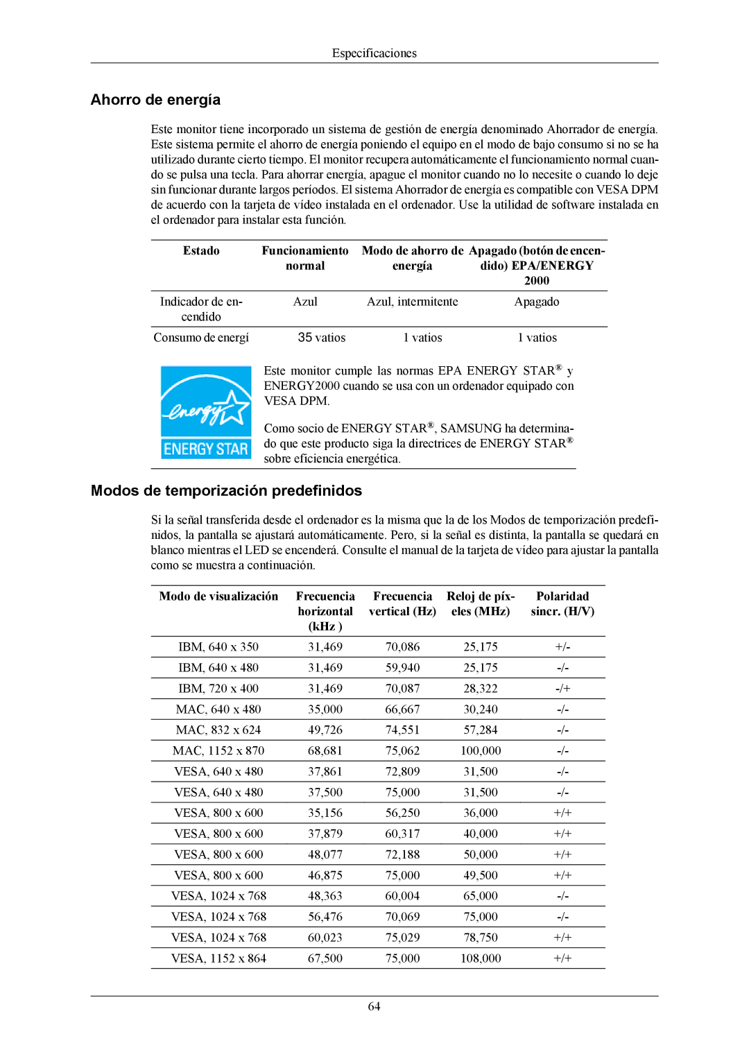 Samsung LS19MYBESCA/EN, LS17MYBESQ/EDC, LS17MYBESCA/EN, LS19MYBESQ/EDC, LS19MYBEBQ/EDC manual Ahorro de energía 