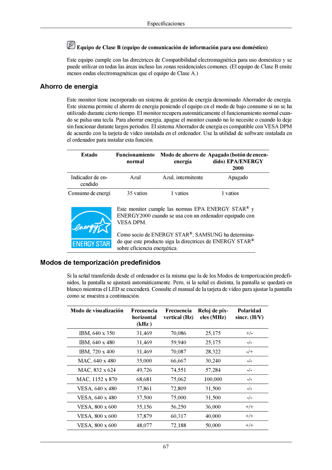 Samsung LS17MYBESQ/EDC, LS17MYBESCA/EN, LS19MYBESCA/EN, LS19MYBESQ/EDC, LS19MYBEBQ/EDC manual Ahorro de energía 