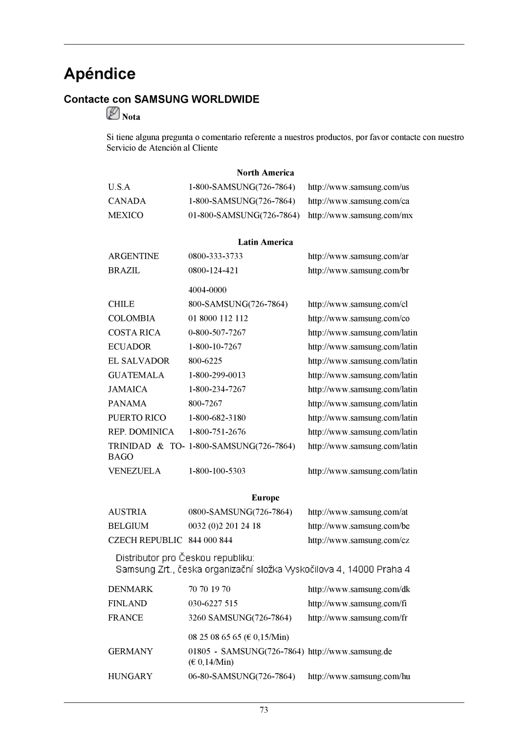 Samsung LS17MYBESCA/EN, LS17MYBESQ/EDC manual Apéndice, Contacte con Samsung Worldwide, North America, Latin America, Europe 