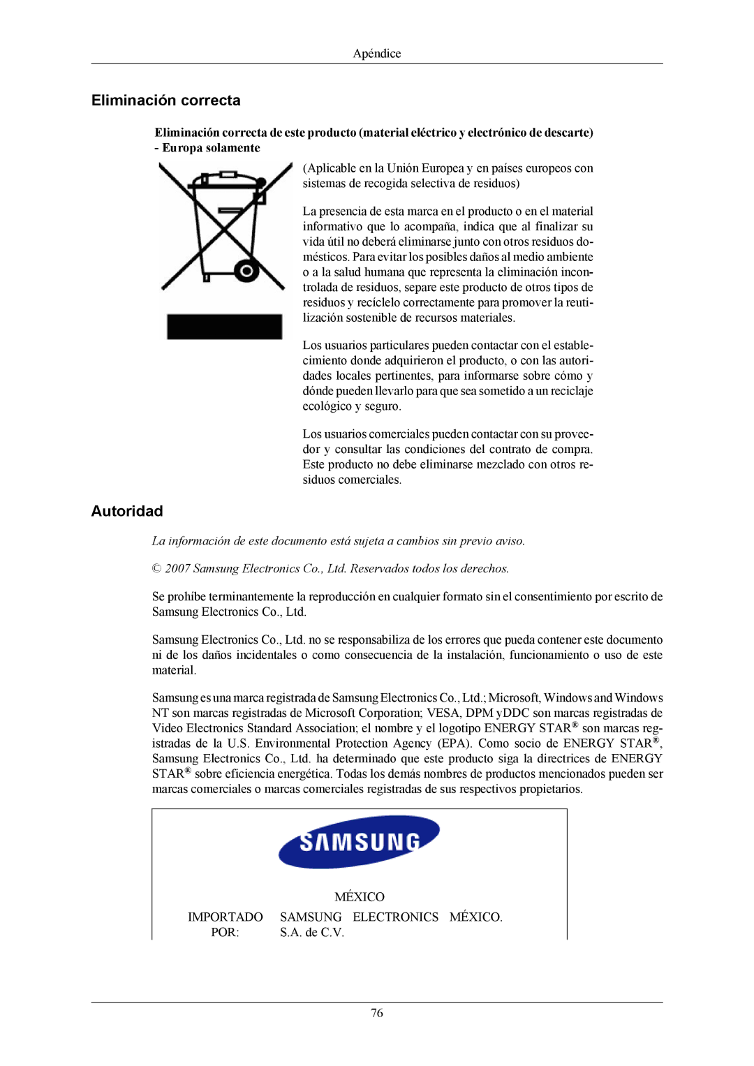 Samsung LS19MYBEBQ/EDC, LS17MYBESQ/EDC, LS17MYBESCA/EN, LS19MYBESCA/EN, LS19MYBESQ/EDC manual Eliminación correcta, Autoridad 