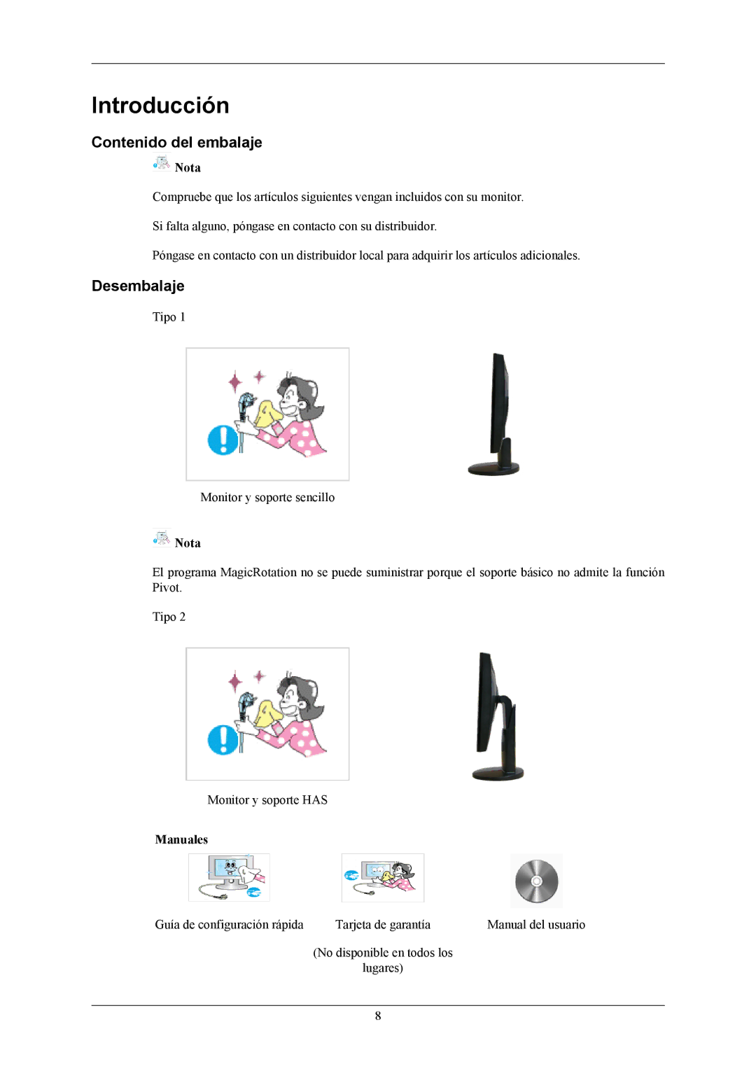 Samsung LS19MYBEBQ/EDC, LS17MYBESQ/EDC, LS17MYBESCA/EN manual Introducción, Contenido del embalaje, Desembalaje, Manuales 