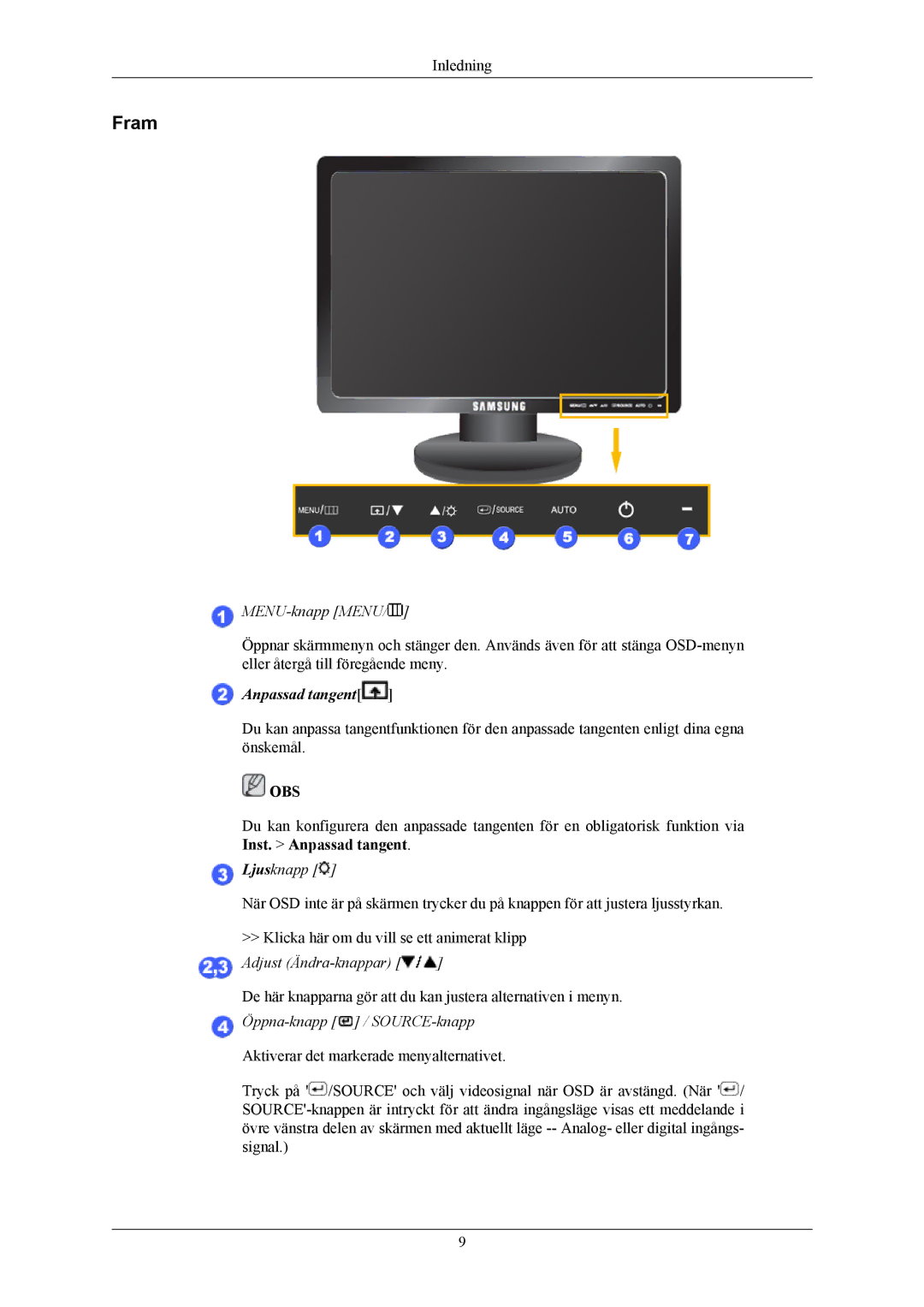 Samsung LS17MYBEBQ/EDC, LS17MYBESQ/EDC, LS19MYBESCA/EN, LS19MYBESQ/EDC, LS19MYBEBQ/EDC, LS19MYBEBCA/EN Fram, MENU-knapp Menu 