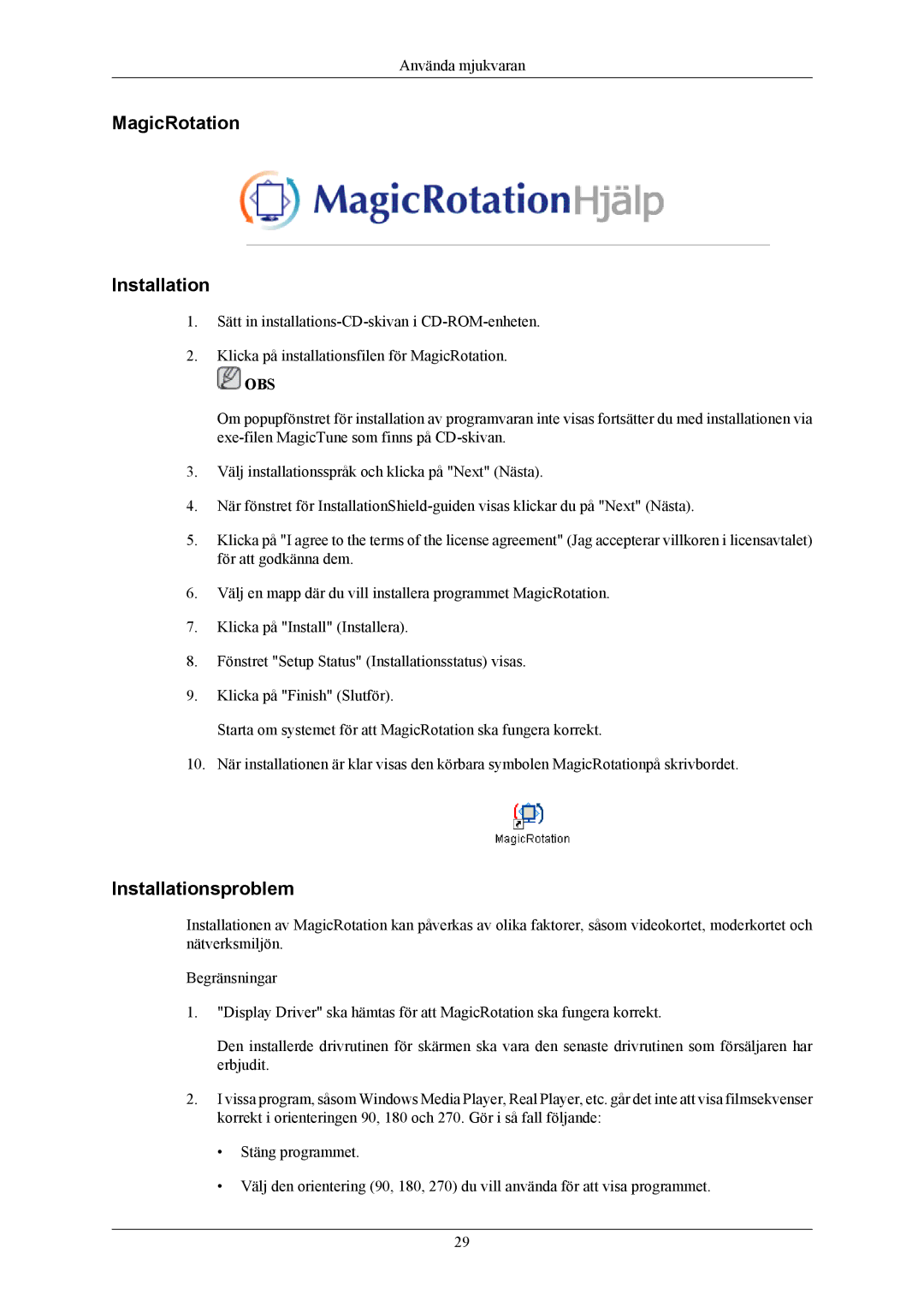 Samsung LS19MYBEBCA/EN, LS17MYBESQ/EDC, LS19MYBESCA/EN, LS19MYBESQ/EDC, LS19MYBEBQ/EDC manual MagicRotation Installation 