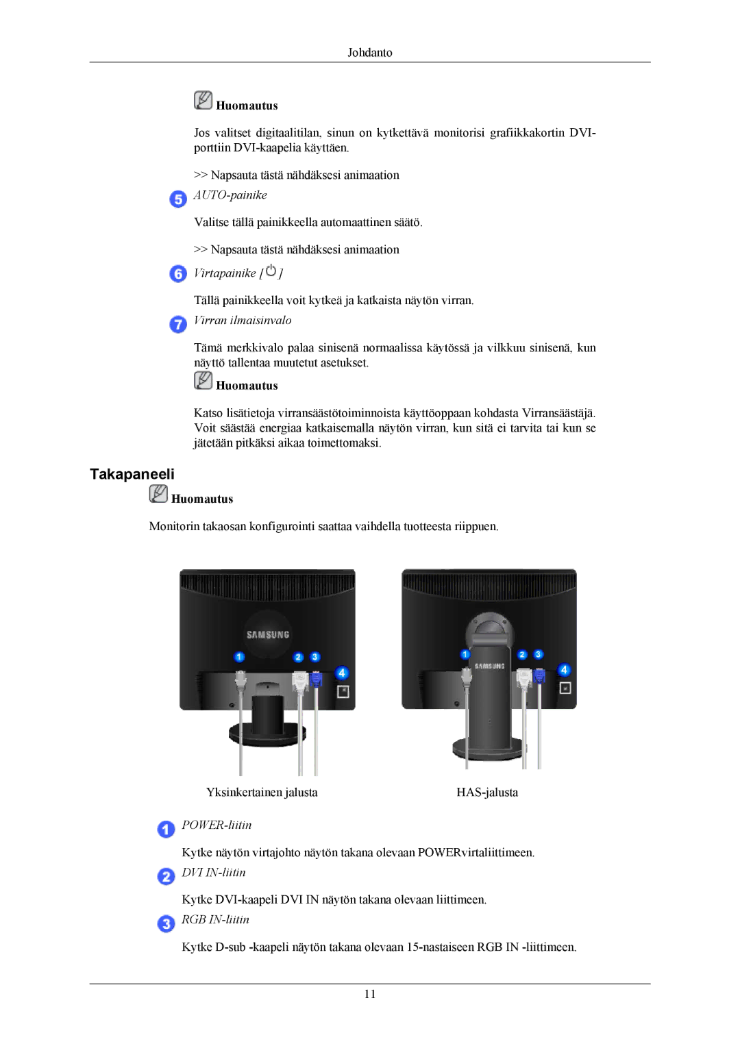 Samsung LS17MYBESQ/EDC, LS19MYBESCA/EN, LS19MYBESQ/EDC, LS19MYBEBQ/EDC, LS19MYBEBCA/EN manual Takapaneeli, Virran ilmaisinvalo 