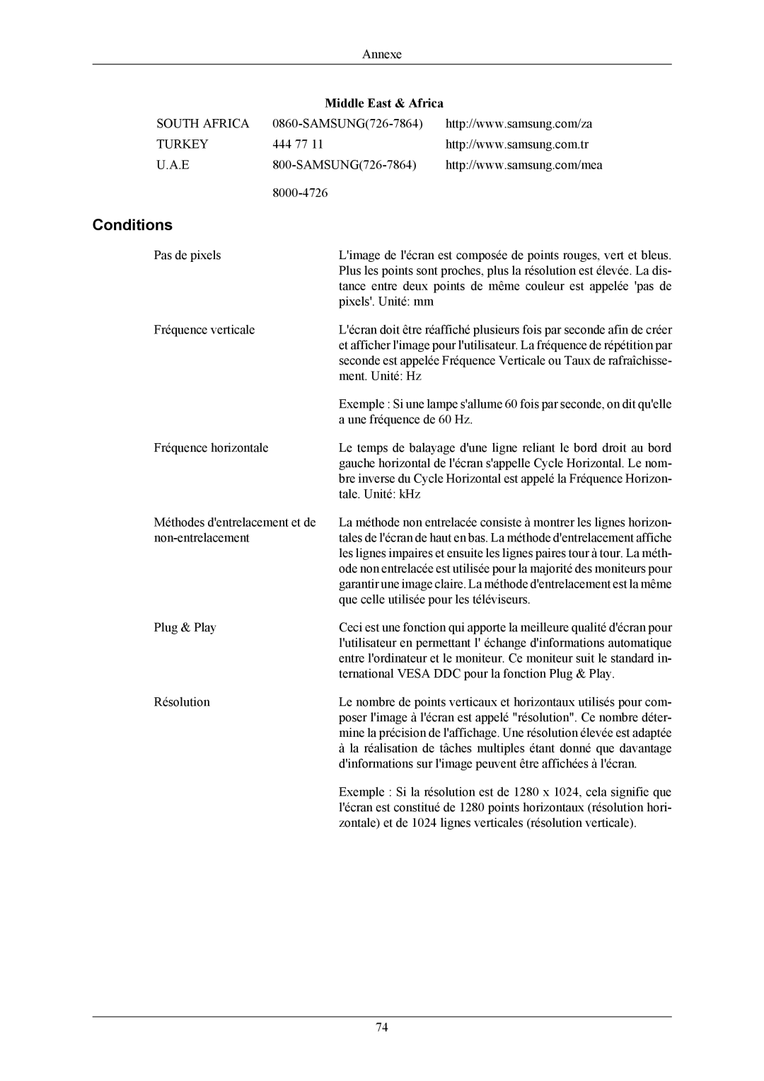 Samsung LS19MYBEBCA/EN, LS17MYBESQ/EDC, LS19MYBESCA/EN, LS19MYBESQ/EDC, LS19MYBEBQ/EDC manual Conditions, Middle East & Africa 