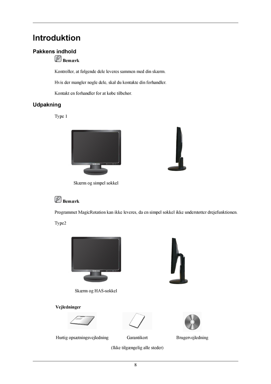 Samsung LS19MYBEBQ/EDC, LS17MYBESQ/EDC, LS19MYBESCA/EN manual Introduktion, Pakkens indhold, Udpakning, Vejledninger 