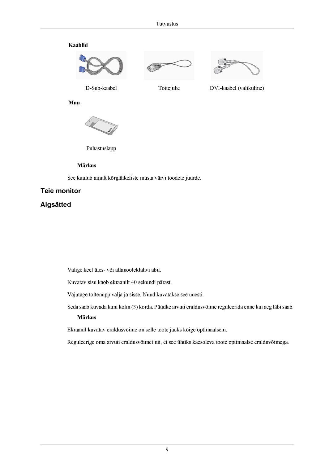 Samsung LS19MYBEBQ/EDC, LS17MYBESQ/EDC, LS19MYBESQ/EDC, LS19MYBEBCA/EN manual Teie monitor Algsätted, Kaablid, Muu 