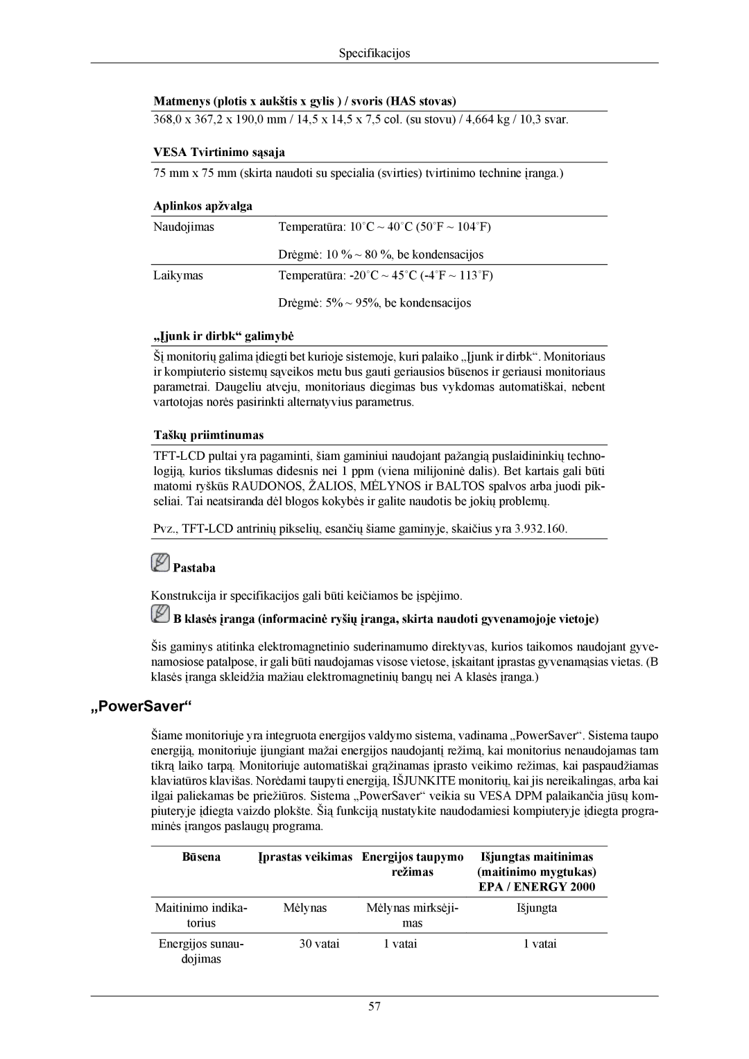 Samsung LS19MYBESQ/EDC, LS17MYBESQ/EDC „PowerSaver, Vesa Tvirtinimo sąsaja, Aplinkos apžvalga, „Įjunk ir dirbk galimybė 