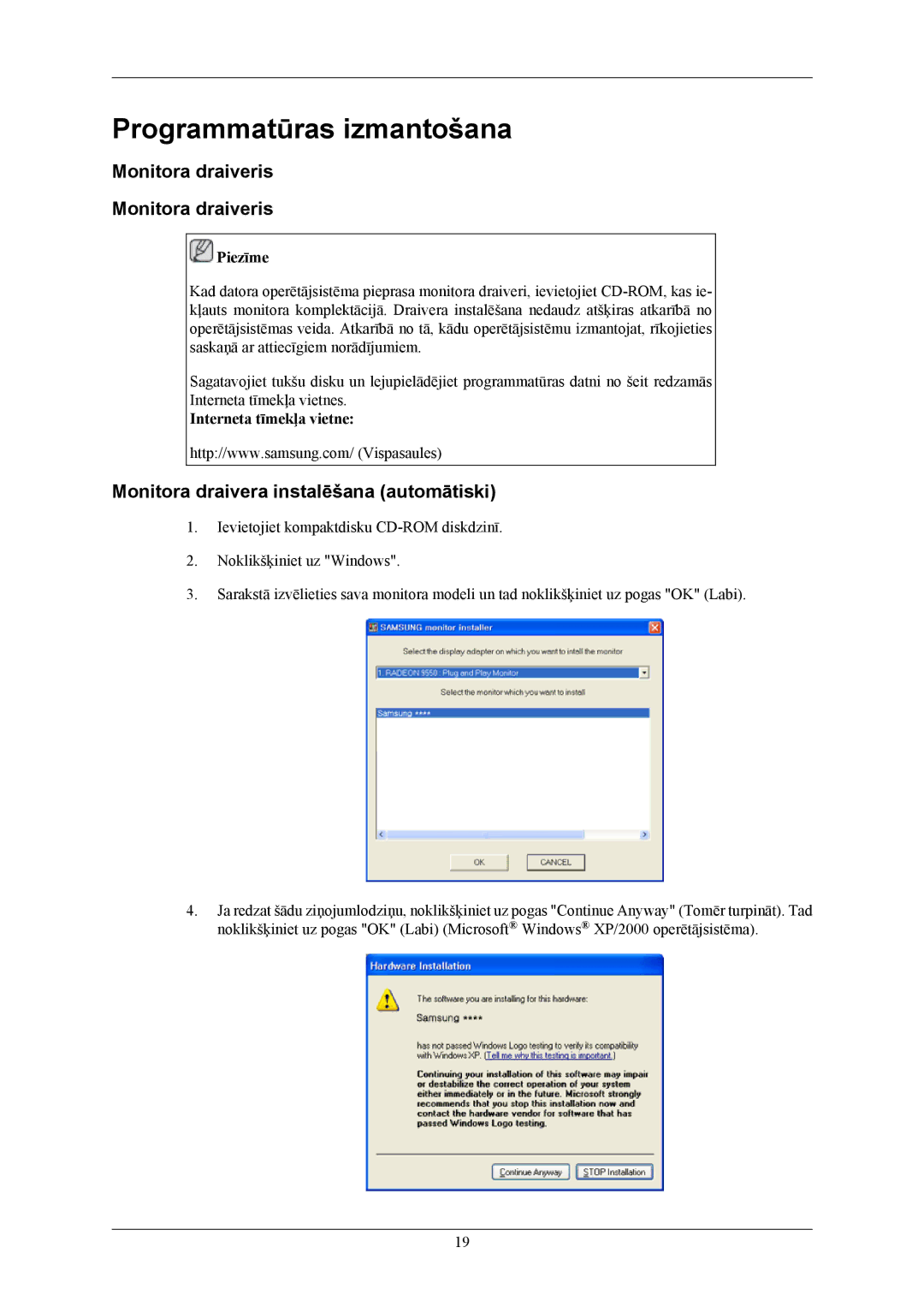 Samsung LS19MYBEBQ/EDC manual Programmatūras izmantošana, Monitora draiveris, Monitora draivera instalēšana automātiski 