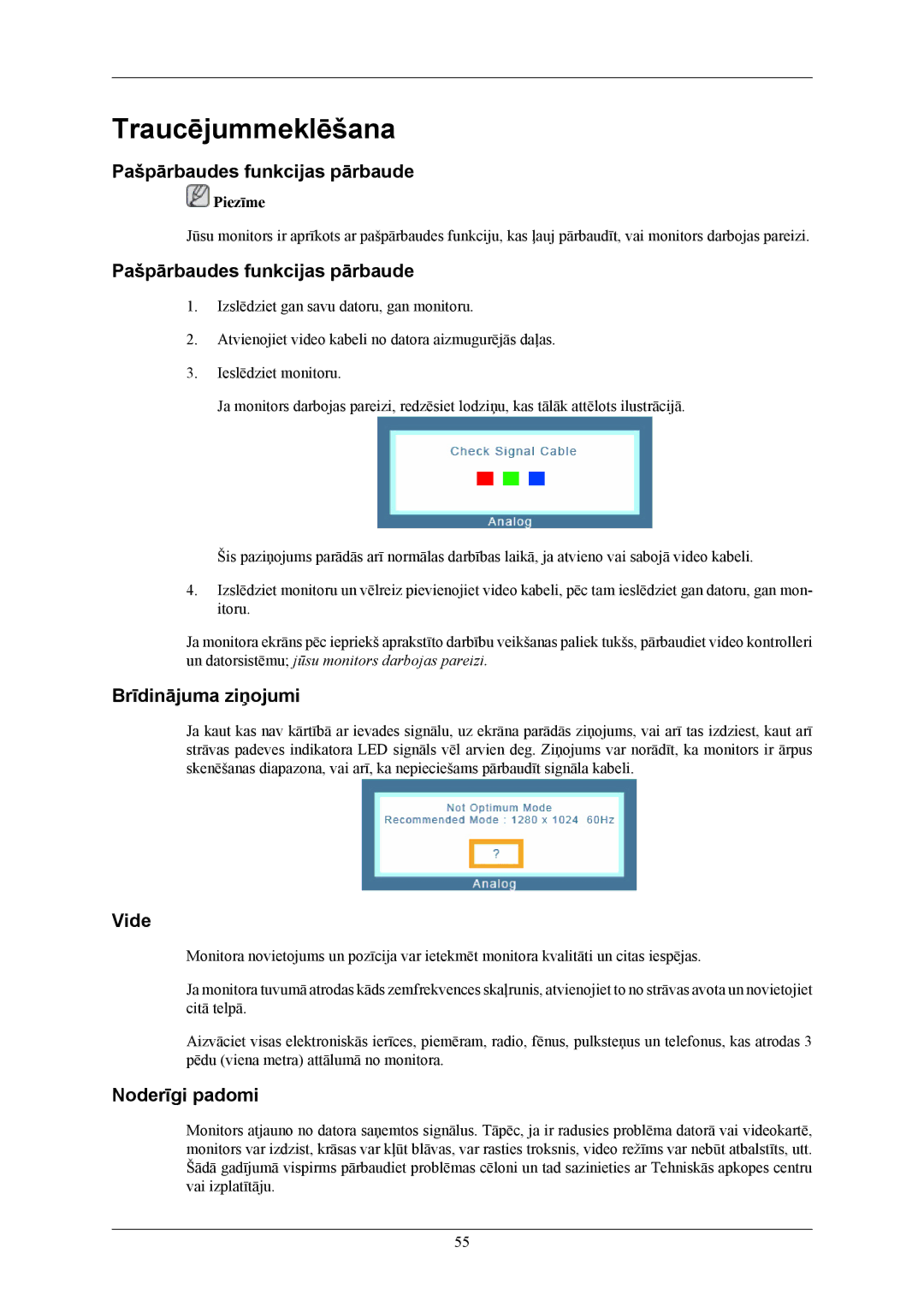 Samsung LS19MYBESQ/EDC Traucējummeklēšana, Pašpārbaudes funkcijas pārbaude, Brīdinājuma ziņojumi, Vide, Noderīgi padomi 