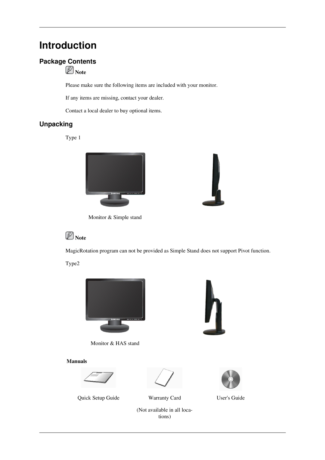 Samsung LS17MYDEBQ/ILC manual Introduction, Package Contents, Unpacking 