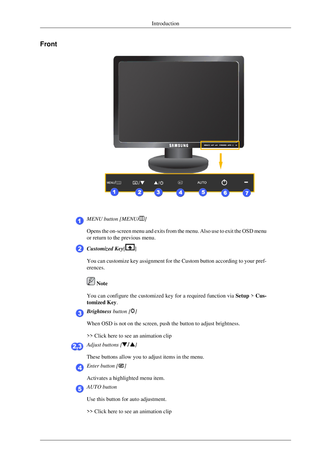 Samsung LS17MYDEBQ/ILC manual Front, Menu button Menu 