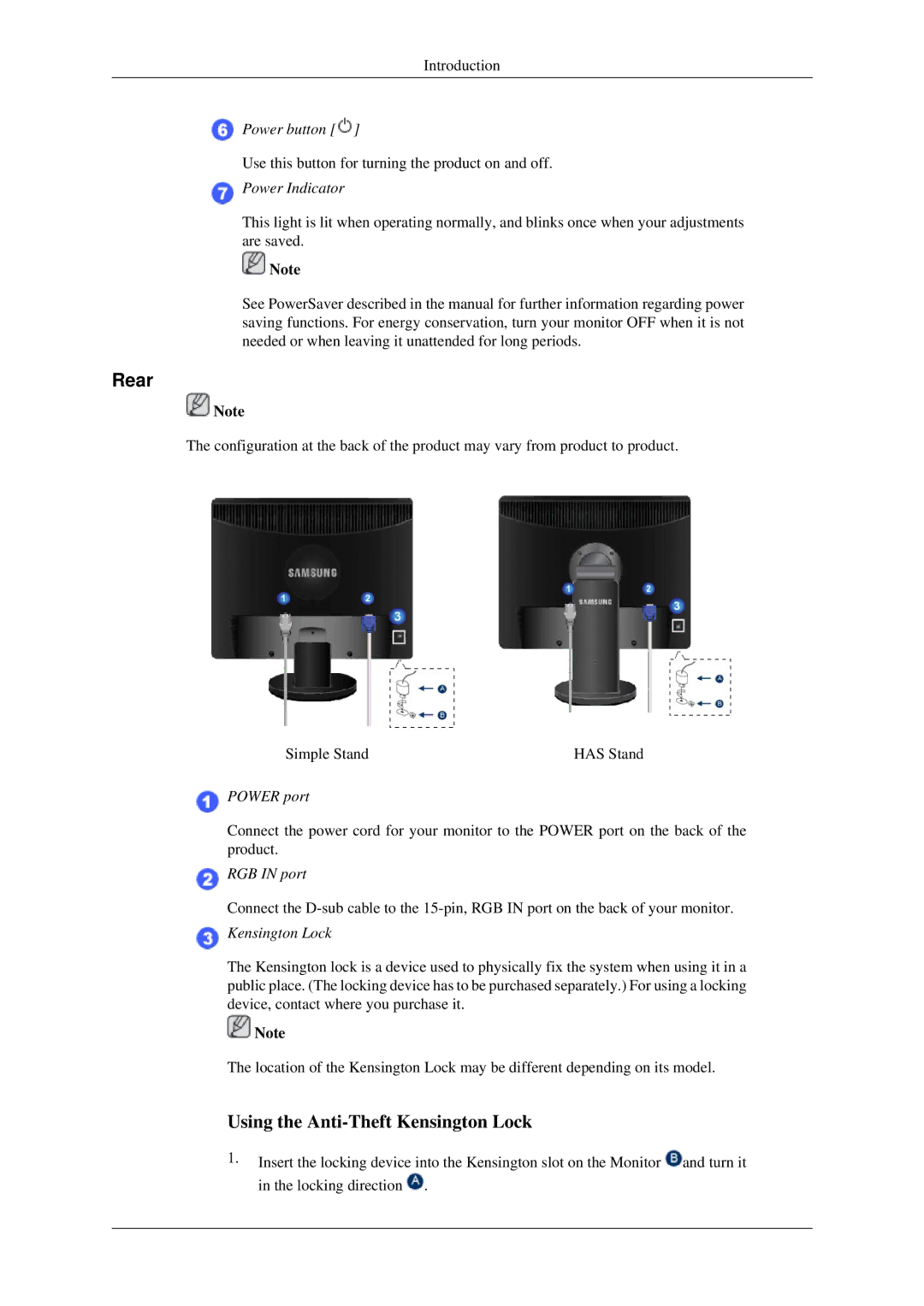 Samsung LS17MYDEBQ/ILC manual Rear, Power Indicator 