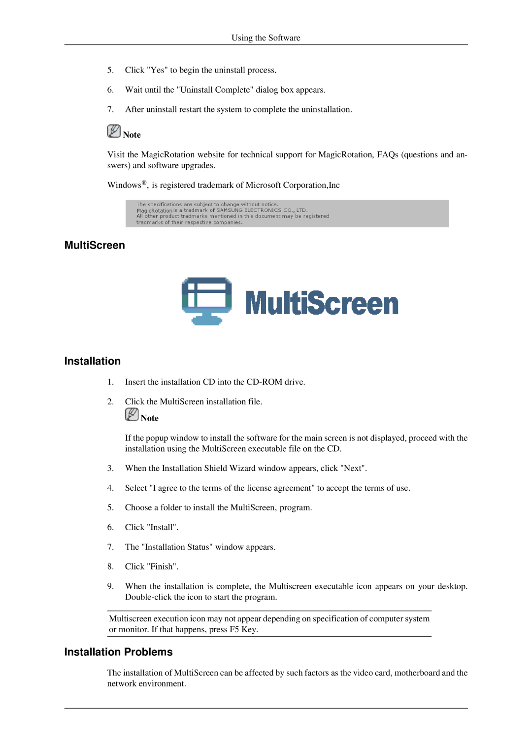 Samsung LS17MYDEBQ/ILC manual MultiScreen Installation 