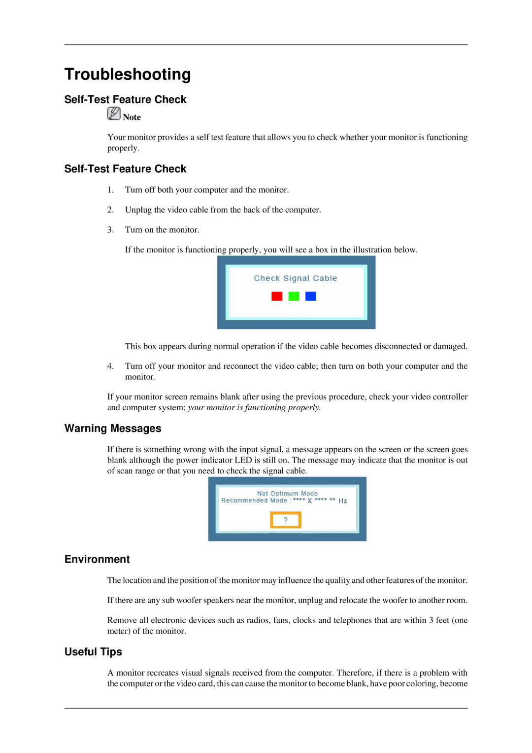 Samsung LS17MYDEBQ/ILC manual Troubleshooting, Self-Test Feature Check, Environment, Useful Tips 