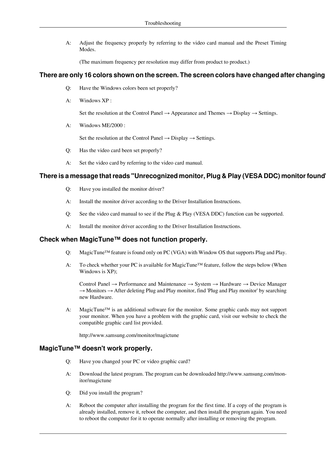 Samsung LS17MYDEBQ/ILC manual Check when MagicTune does not function properly, MagicTune doesnt work properly 