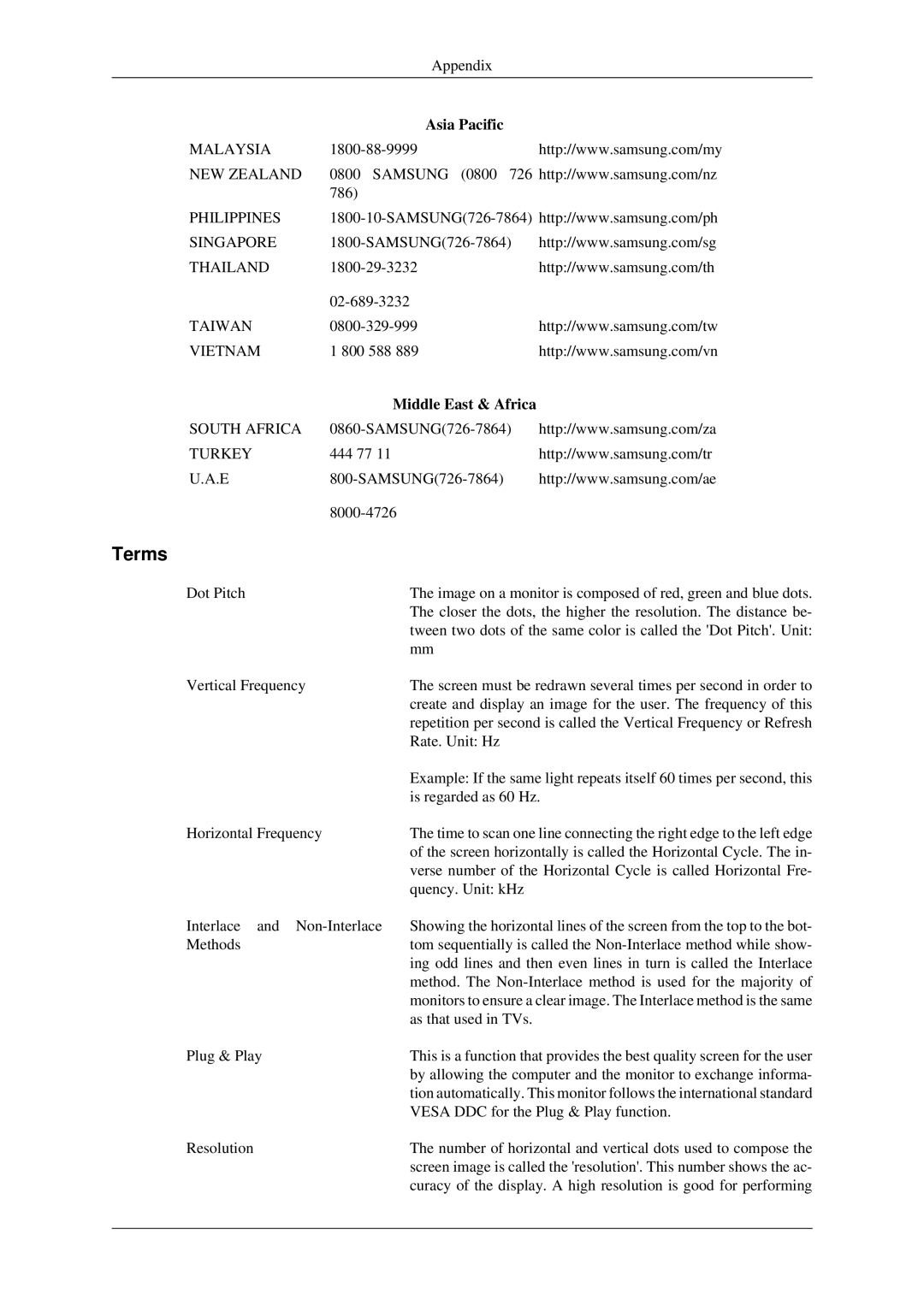 Samsung LS17MYDEBQ/ILC manual Terms, Middle East & Africa 