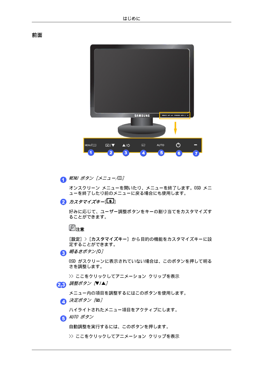 Samsung LS17MYSKBB/XSJ manual 好みに応じて、ユーザー調整ボタンをキーの割り当てをカスタマイズす ることができます。, 自動調整を実行するには、このボタンを押します。 ここをクリックしてアニメーション クリップを表示 