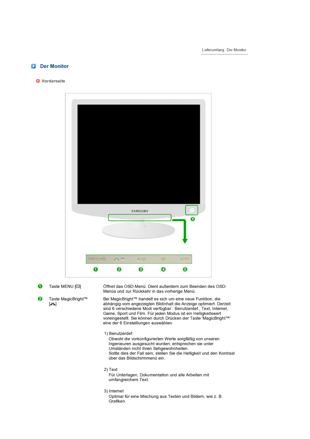 Samsung LS19PEBSWV/EDC, LS17PEASB/EDC, LS19PEBSBV/EDC, LS19PEBSBE/EDC manual Der Monitor, Vorderseite 