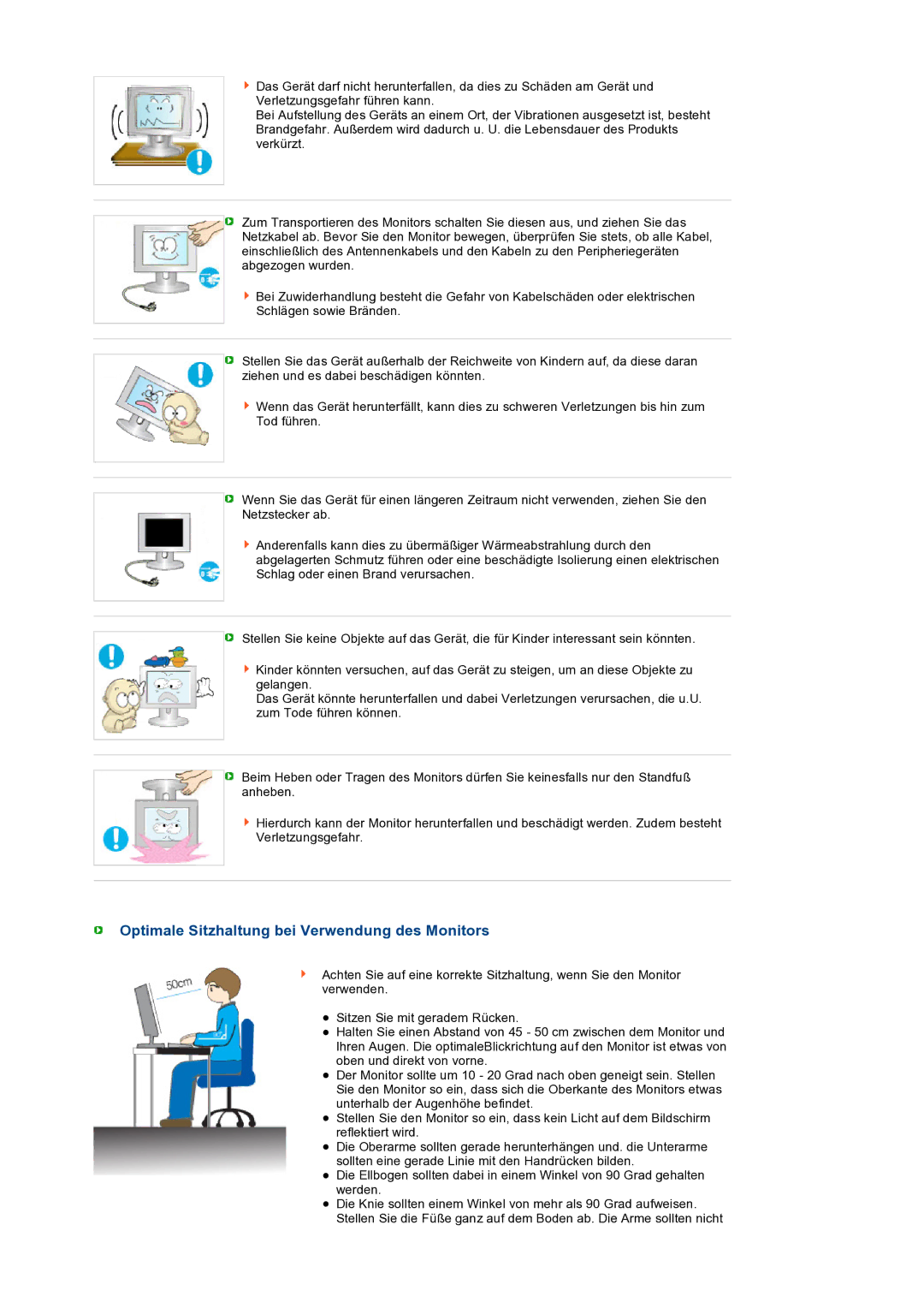 Samsung LS19PEBSBV/EDC, LS17PEASB/EDC, LS19PEBSBE/EDC, LS19PEBSWV/EDC manual Optimale Sitzhaltung bei Verwendung des Monitors 