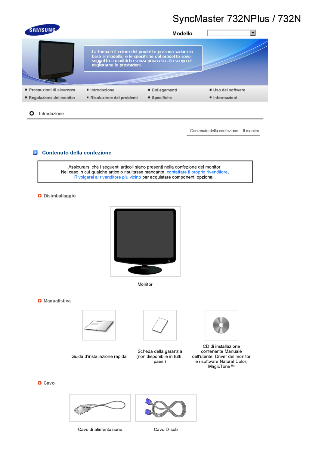 Samsung LS19PEBSBE/EDC, LS17PEASB/EDC, LS19PEBSBV/EDC manual Contenuto della confezione, Disimballaggio, Manualistica, Cavo 