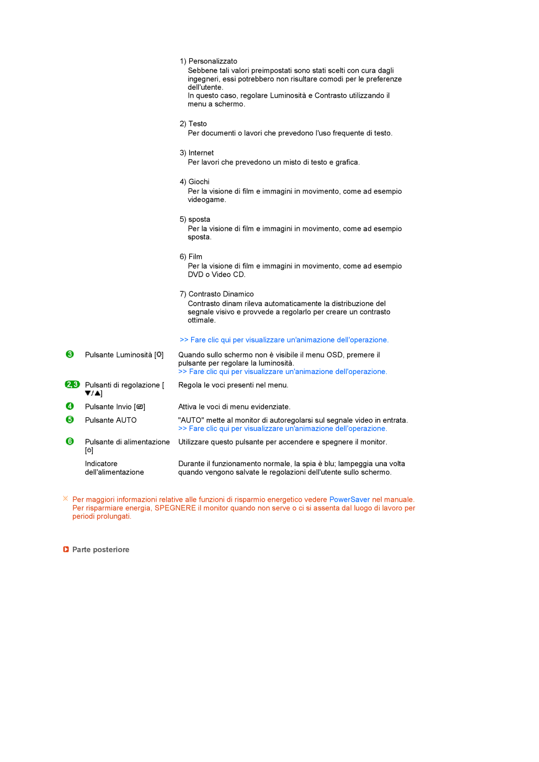 Samsung LS19PEBSFV/CLT, LS17PEASB/EDC manual Fare clic qui per visualizzare unanimazione delloperazione, Parte posteriore 